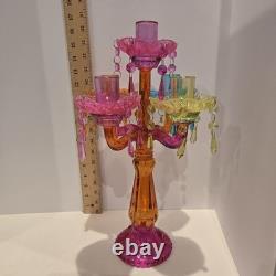 Colorful Five Candle Glass Candelabra 15 1/2 Tall Dangle Multicolor Holder