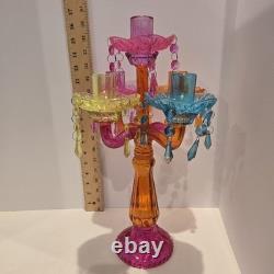 Colorful Five Candle Glass Candelabra 15 1/2 Tall Dangle Multicolor Holder