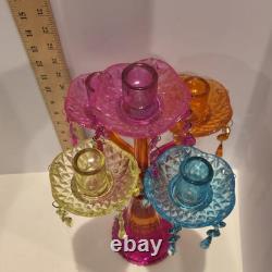 Colorful Five Candle Glass Candelabra 15 1/2 Tall Dangle Multicolor Holder