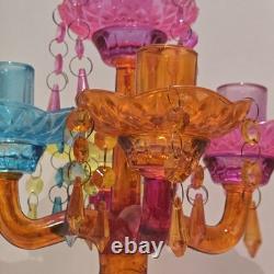 Colorful Five Candle Glass Candelabra 15 1/2 Tall Dangle Multicolor Holder