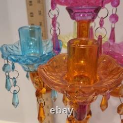 Colorful Five Candle Glass Candelabra 15 1/2 Tall Dangle Multicolor Holder