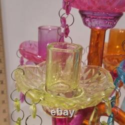 Colorful Five Candle Glass Candelabra 15 1/2 Tall Dangle Multicolor Holder