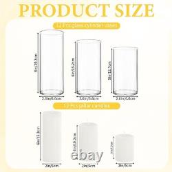 Complete Wedding Centerpiece Set 12 Pillar Candles & Mixed Height Glass Vases