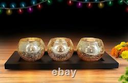 Crackle Votive Tealight Candle Holders With Wooden Tray For Diwali / Christmas