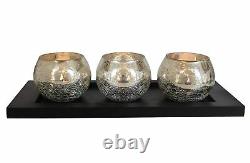 Crackle Votive Tealight Candle Holders With Wooden Tray For Diwali / Christmas