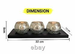 Crackle Votive Tealight Candle Holders With Wooden Tray For Diwali / Christmas