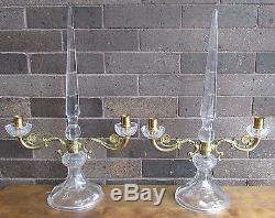 Crystal Glass & Brass Spire Pair of Dual Taper Candle Holders Mantle Centerpiece