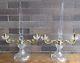 Crystal Glass & Brass Spire Pair Of Dual Taper Candle Holders Mantle Centerpiece