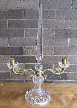 Crystal Glass & Brass Spire Pair of Dual Taper Candle Holders Mantle Centerpiece