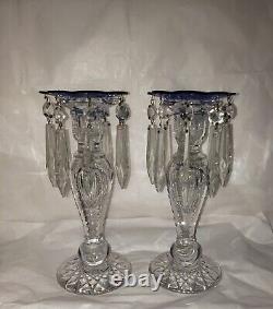 Cut Crystal Glass Candle Holders Blue Bobeches and Prisms