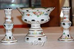 Czech Bohemian 3 Piece Cased Glass white cut green Compote & Two Candle Holders