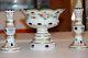Czech Bohemian 3 Piece Cased Glass White Cut Green Compote & Two Candle Holders