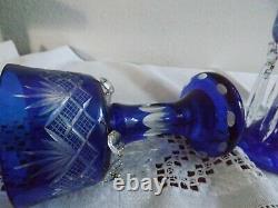 Czech Bohemian Art Glass Cobalt Cut To Clear Mantle Lusters Candle Holders