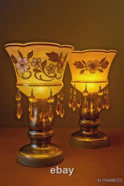 Czech Luster Glass Candle Holders Pair Smoky Gold Floral with Hanging Prisms VTG