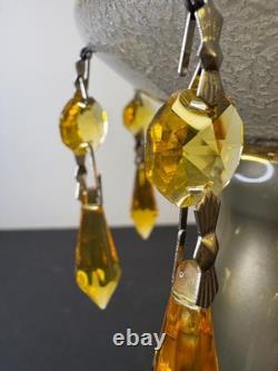Czech Luster Glass Candle Holders Pair Smoky Gold Floral with Hanging Prisms VTG