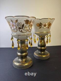 Czech Luster Glass Candle Holders Pair Smoky Gold Floral with Hanging Prisms VTG
