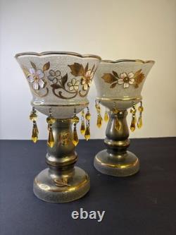 Czech Luster Glass Candle Holders Pair Smoky Gold Floral with Hanging Prisms VTG