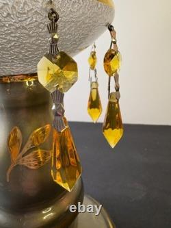 Czech Luster Glass Candle Holders Pair Smoky Gold Floral with Hanging Prisms VTG