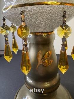 Czech Luster Glass Candle Holders Pair Smoky Gold Floral with Hanging Prisms VTG