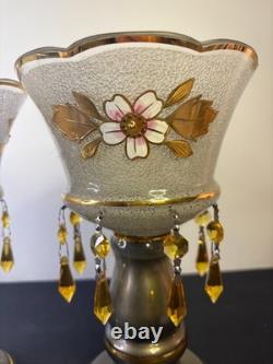 Czech Luster Glass Candle Holders Pair Smoky Gold Floral with Hanging Prisms VTG