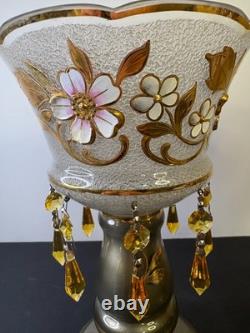 Czech Luster Glass Candle Holders Pair Smoky Gold Floral with Hanging Prisms VTG