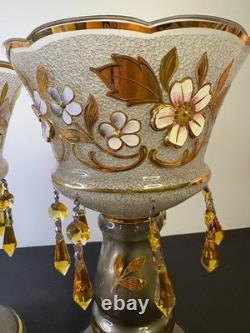 Czech Luster Glass Candle Holders Pair Smoky Gold Floral with Hanging Prisms VTG