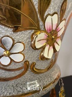 Czech Luster Glass Candle Holders Pair Smoky Gold Floral with Hanging Prisms VTG
