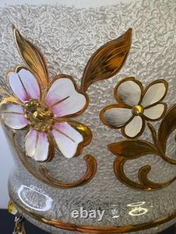 Czech Luster Glass Candle Holders Pair Smoky Gold Floral with Hanging Prisms VTG
