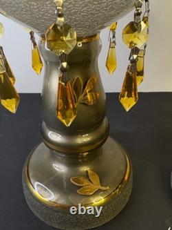 Czech Luster Glass Candle Holders Pair Smoky Gold Floral with Hanging Prisms VTG