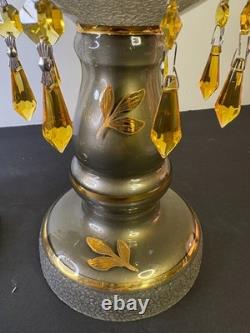 Czech Luster Glass Candle Holders Pair Smoky Gold Floral with Hanging Prisms VTG