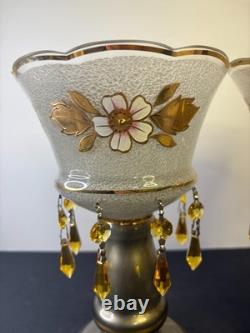 Czech Luster Glass Candle Holders Pair Smoky Gold Floral with Hanging Prisms VTG