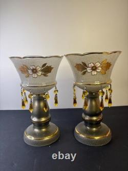 Czech Luster Glass Candle Holders Pair Smoky Gold Floral with Hanging Prisms VTG