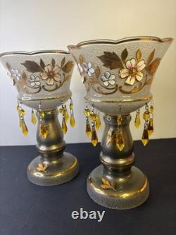 Czech Luster Glass Candle Holders Pair Smoky Gold Floral with Hanging Prisms VTG