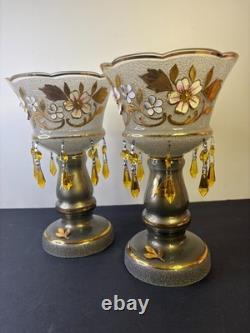 Czech Luster Glass Candle Holders Pair Smoky Gold Floral with Hanging Prisms VTG