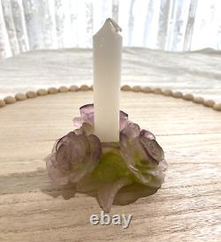 DAUM Vintage Pink Green Amethyst Crystal Rose Candle Holder Pate de Verre