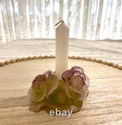 DAUM Vintage Pink Green Amethyst Crystal Rose Candle Holder Pate de Verre