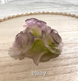 DAUM Vintage Pink Green Amethyst Crystal Rose Candle Holder Pate de Verre