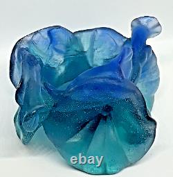 DAUM Votive Candle Holder PATE DE VERRE FRENCH CRYSTAL Teal/Blue MORNING GLORY