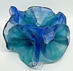 DAUM Votive Candle Holder PATE DE VERRE FRENCH CRYSTAL Teal/Blue MORNING GLORY