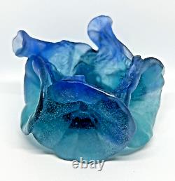 DAUM Votive Candle Holder PATE DE VERRE FRENCH CRYSTAL Teal/Blue MORNING GLORY