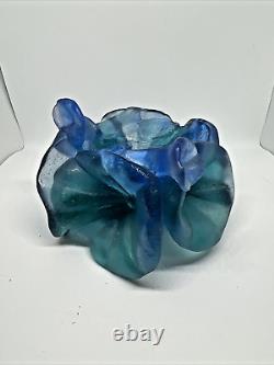 DAUM Votive Candle Holder PATE DE VERRE FRENCH CRYSTAL Teal/Blue MORNING GLORY