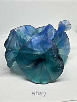 DAUM Votive Candle Holder PATE DE VERRE FRENCH CRYSTAL Teal/Blue MORNING GLORY