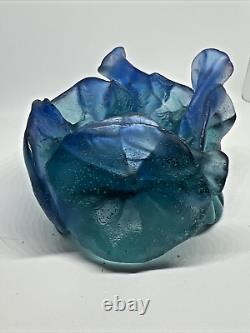 DAUM Votive Candle Holder PATE DE VERRE FRENCH CRYSTAL Teal/Blue MORNING GLORY