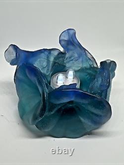 DAUM Votive Candle Holder PATE DE VERRE FRENCH CRYSTAL Teal/Blue MORNING GLORY