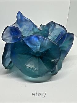 DAUM Votive Candle Holder PATE DE VERRE FRENCH CRYSTAL Teal/Blue MORNING GLORY