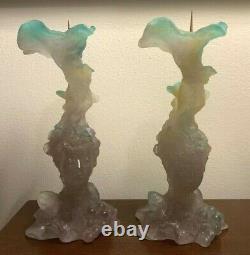 Daum Art Glass Bacchus Pate De Verre Pair of Candlesticks 8.5