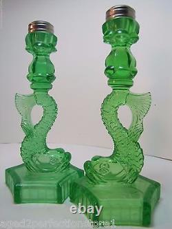 Dauphin Koi Fish Old Green Depression Uranium Glass Lamp Base Candle Holders