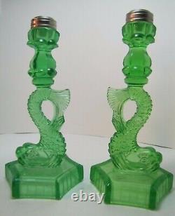 Dauphin Koi Fish Old Green Depression Uranium Glass Lamp Base Candle Holders