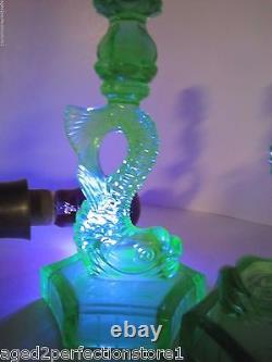 Dauphin Koi Fish Old Green Depression Uranium Glass Lamp Base Candle Holders