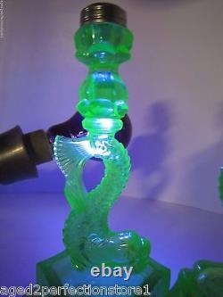 Dauphin Koi Fish Old Green Depression Uranium Glass Lamp Base Candle Holders